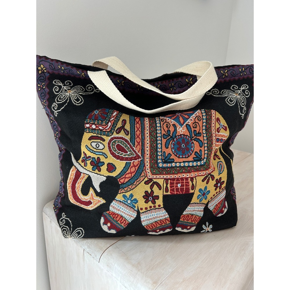 Boho Elephant Tapestry Tote Bag Black Woven Canvas Shoulder Bag Zipper Closure